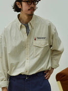 USAGE Oversized Micro Check Button Down Shirt in Cream - On Male Model