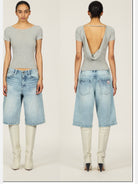 FaxCopyExpress Sunlit Beam Backless Top in Gray - On Female Model