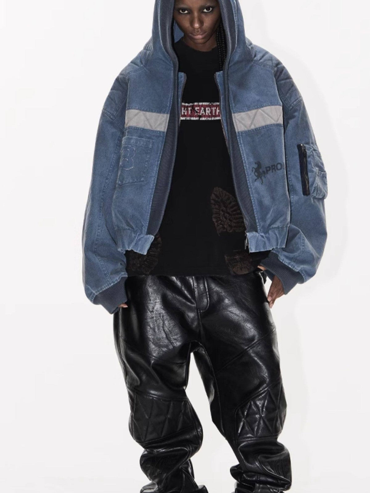 BLINDNOPLAN Distressed Hooded MA 1 Bomber Jacket in Blue - On Female Model