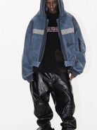 BLINDNOPLAN Distressed Hooded MA 1 Bomber Jacket in Blue - On Female Model
