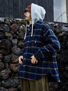 USAGE Detachable Hood Cotton Plaid Shirt in Navy Blue - On Male Model