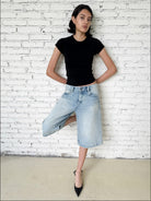 FaxCopyExpress Washed Gardener Denim Shorts in Blue - On Female Model