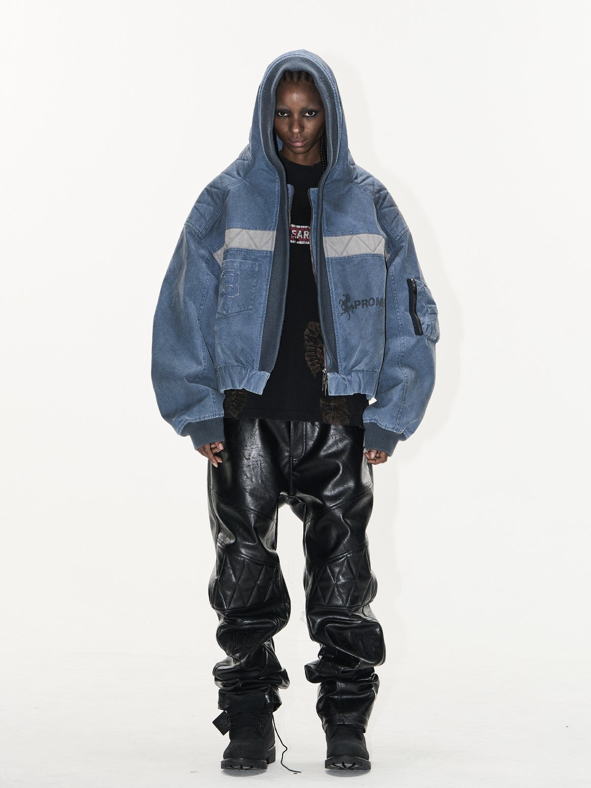 BLINDNOPLAN Distressed Hooded MA 1 Bomber Jacket in Blue - On Female Model