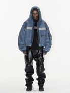 BLINDNOPLAN Distressed Hooded MA 1 Bomber Jacket in Blue - On Female Model