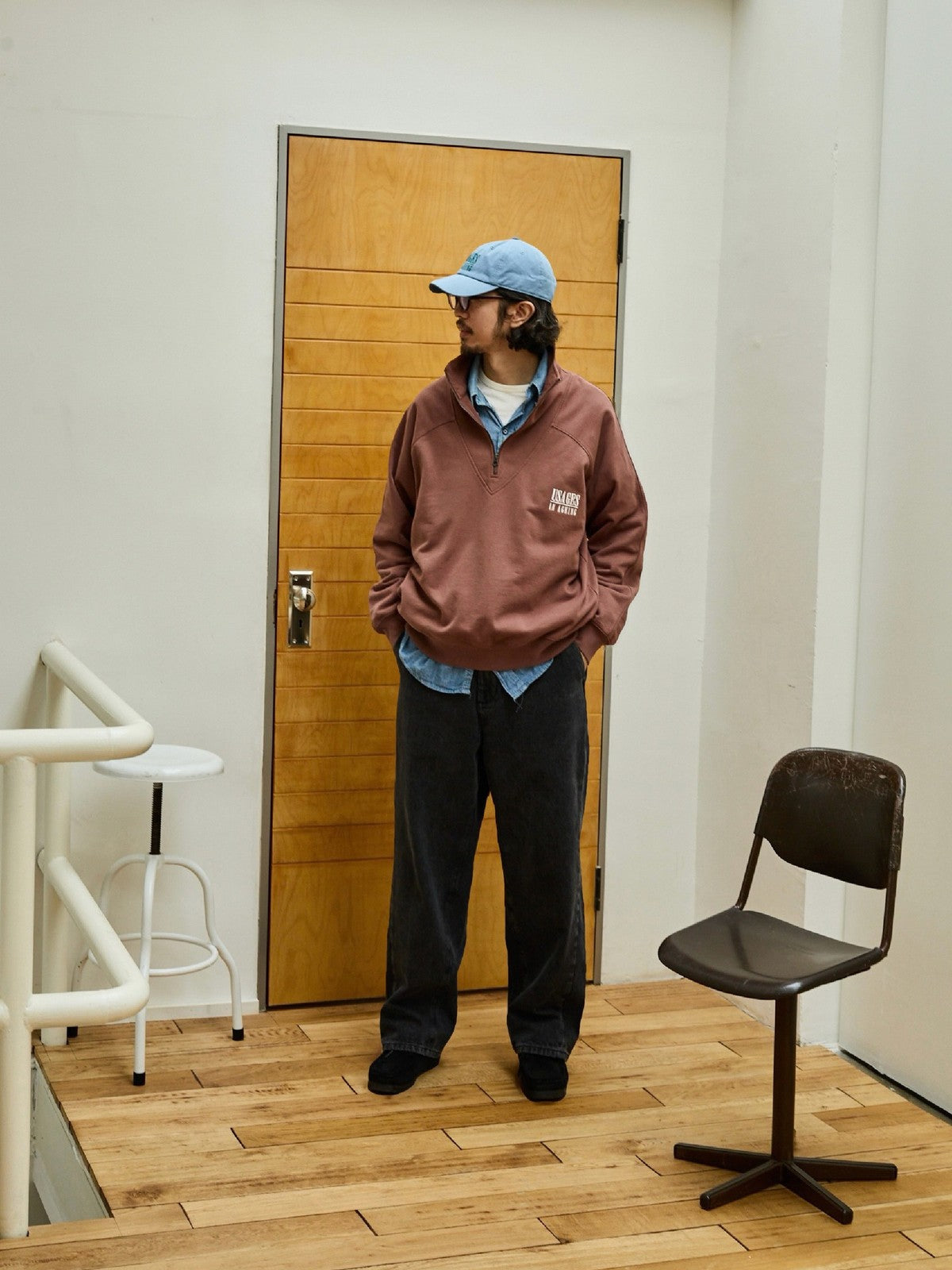 USAGE Heavyweight Cotton Half Zip Sweatshirt in Brown - On Male Model