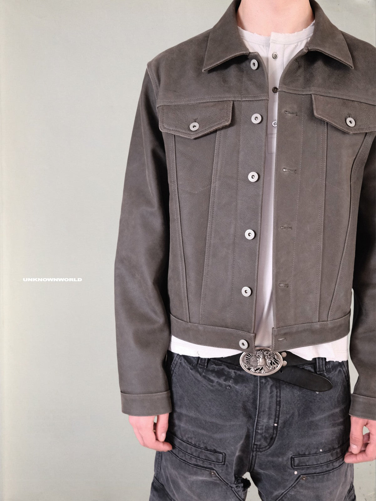 UNKNOWNWORLD Cracked Leather Type 3 Jacket in Green - On Male Model