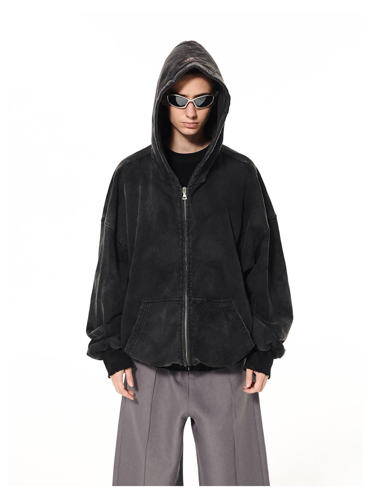 UNKNOWNWORLD Mud Dyed Zip Up Hoodie in Black - On Male Model