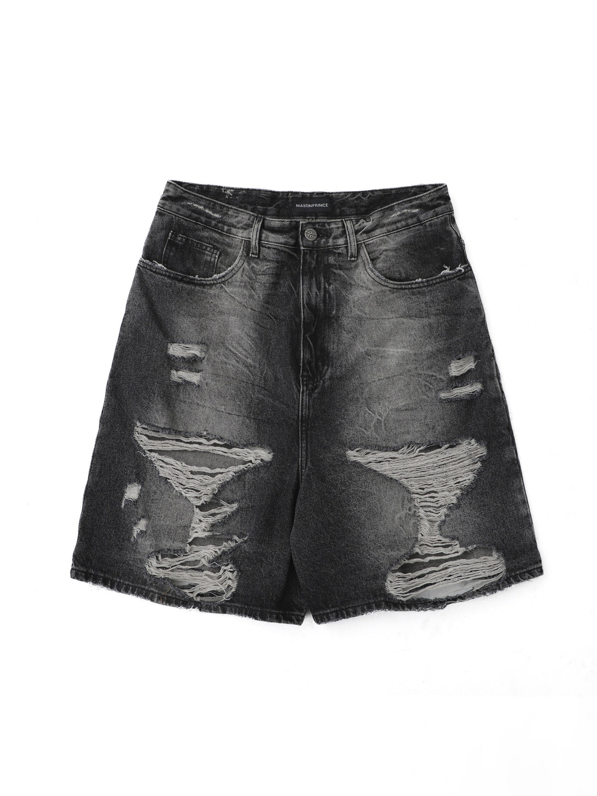MASONPRINCE Washed Distressed Denim Shorts in Gray