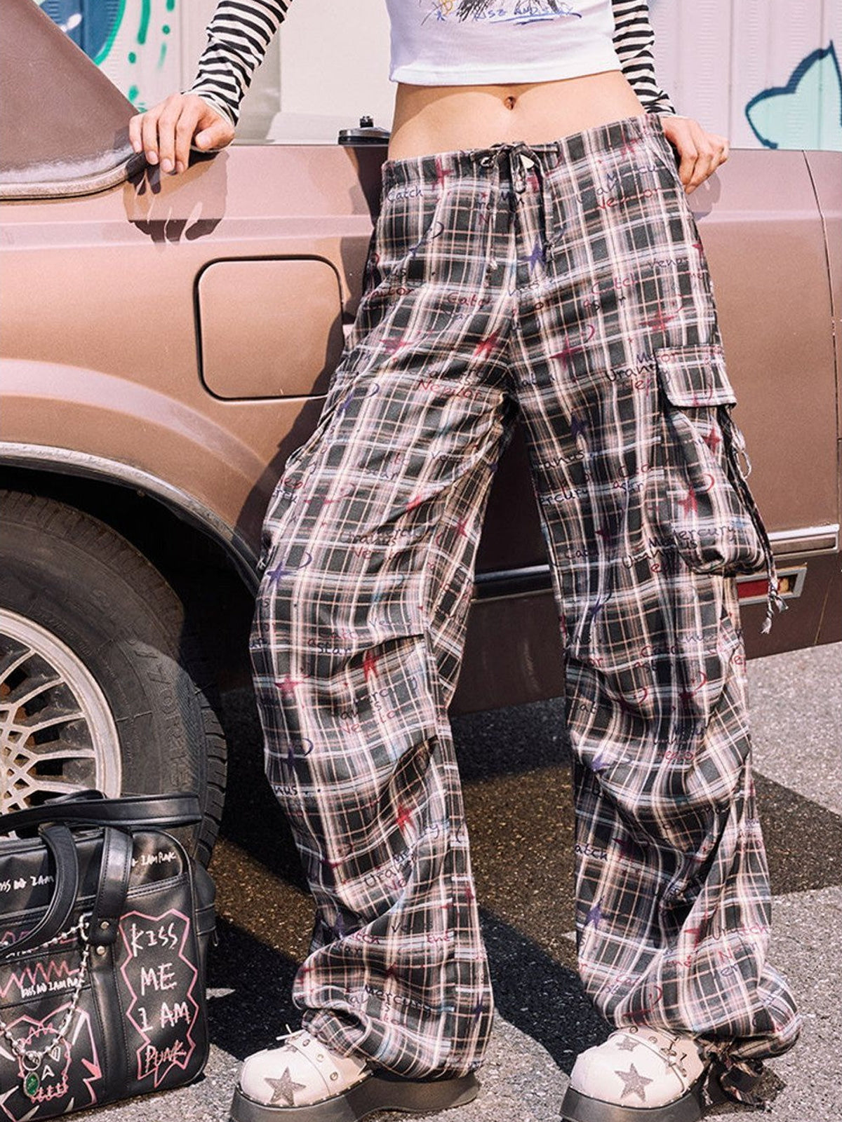 BeerBro Graffiti Plaid Strap Cargo Pants in Sky Blue - On Female Model