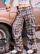BeerBro Graffiti Plaid Strap Cargo Pants in Sky Blue - On Female Model
