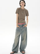 MASONPRINCE Distressed Slub Texture Vintage Jeans in Light Blue - On Female Model