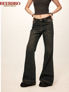 BeerBro Low Rise Raw Hem Micro Flare Jeans in Navy Blue - On Female Model