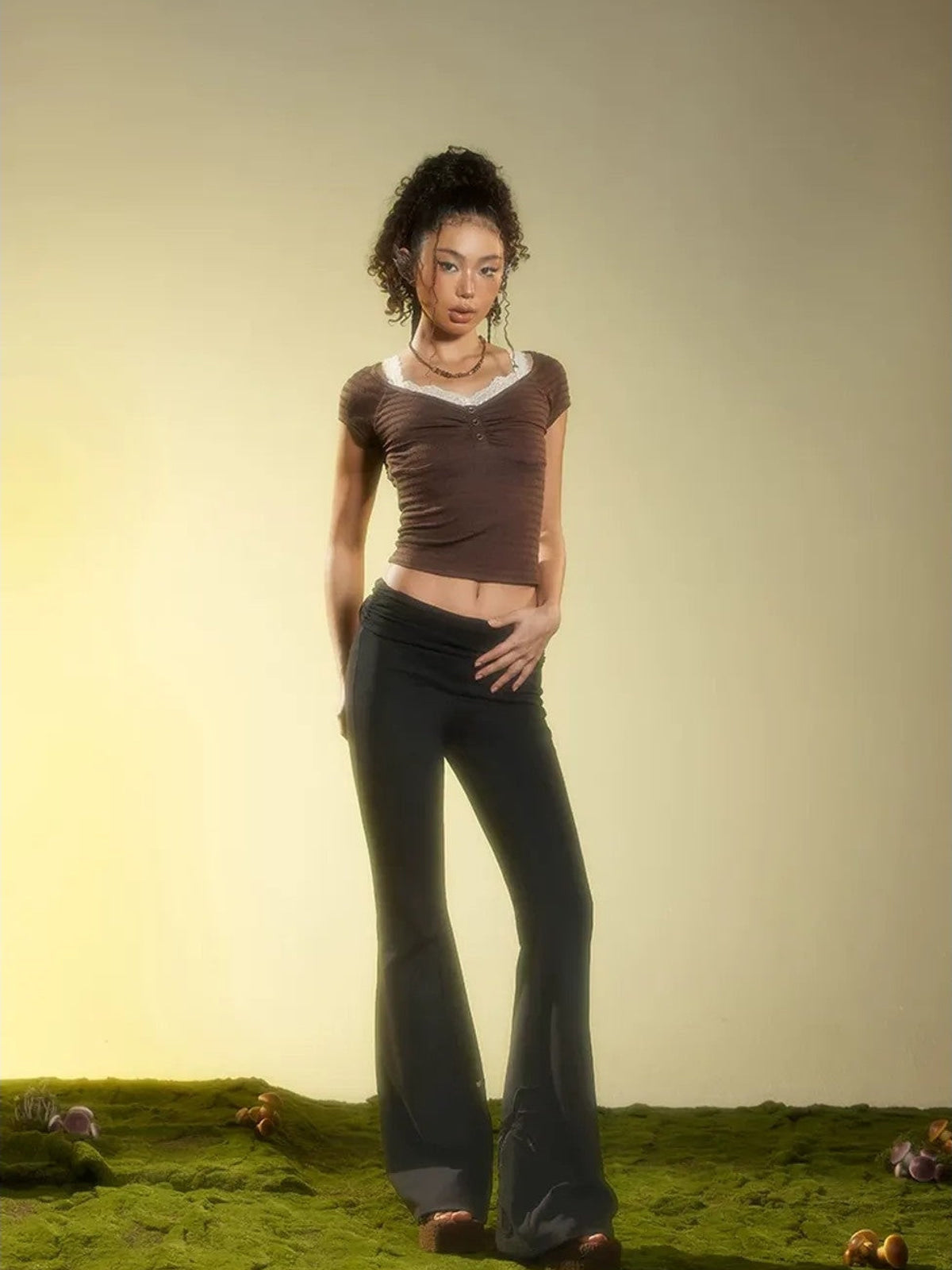 BeerBro Ruched Waist Stretch Flared Pants in Black - On Female Model