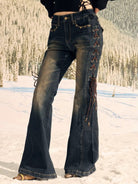 BeerBro Side Lace Up Low Rise Flare Jeans in Blue - On Female Model