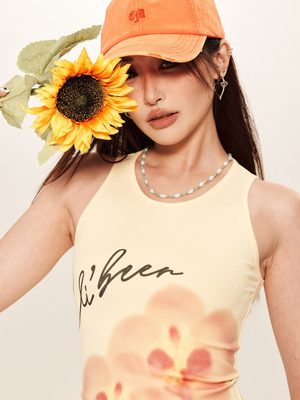 BEERBRO Orchid Graphic Knit Tank in Yellow - On Female Model