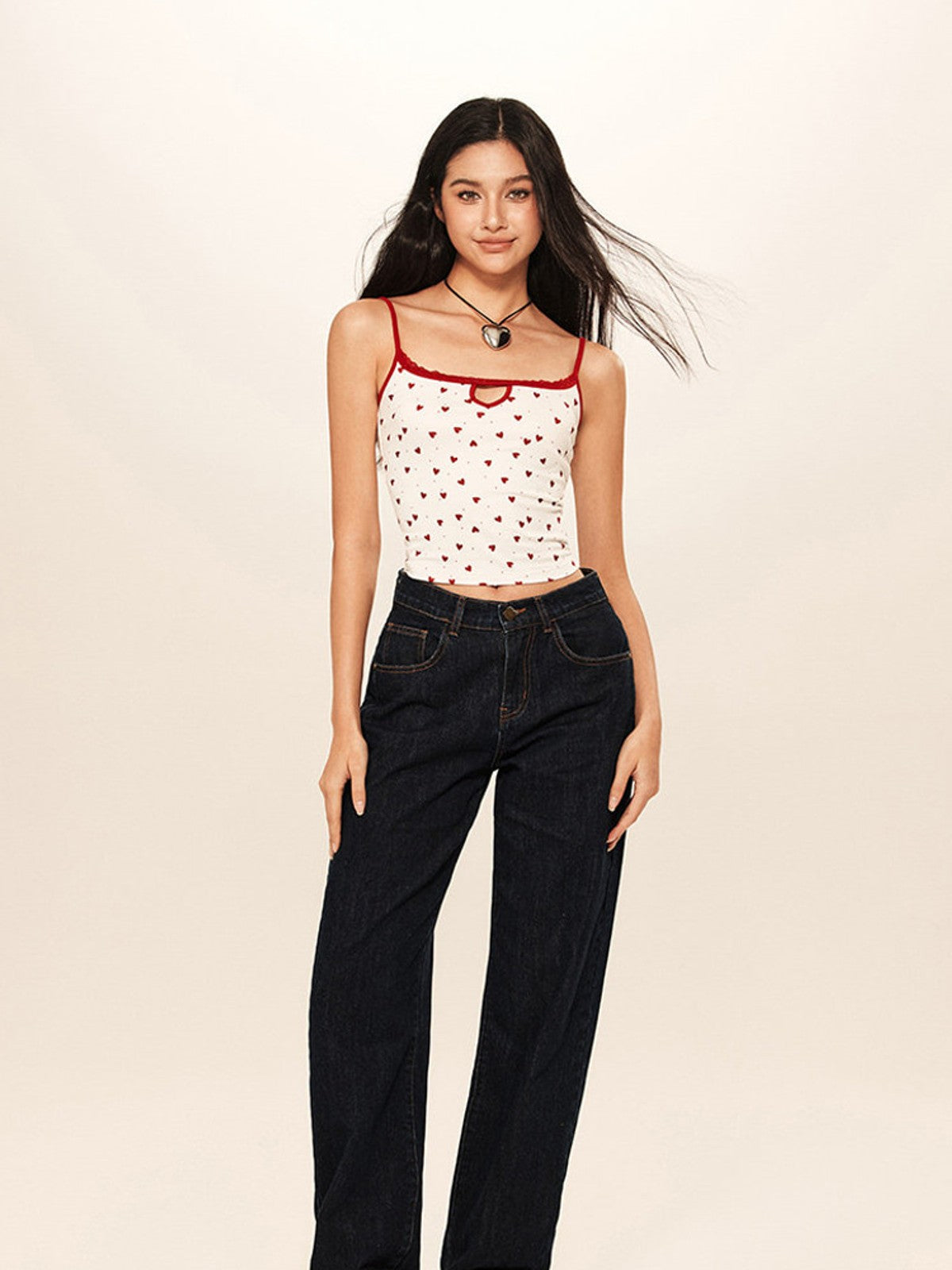 BEERBRO Heart Print Cutout Cami in White - On Female Model