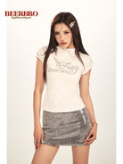 BEERBRO Studded Graphic Mock Neck Tee in White - On Female Model