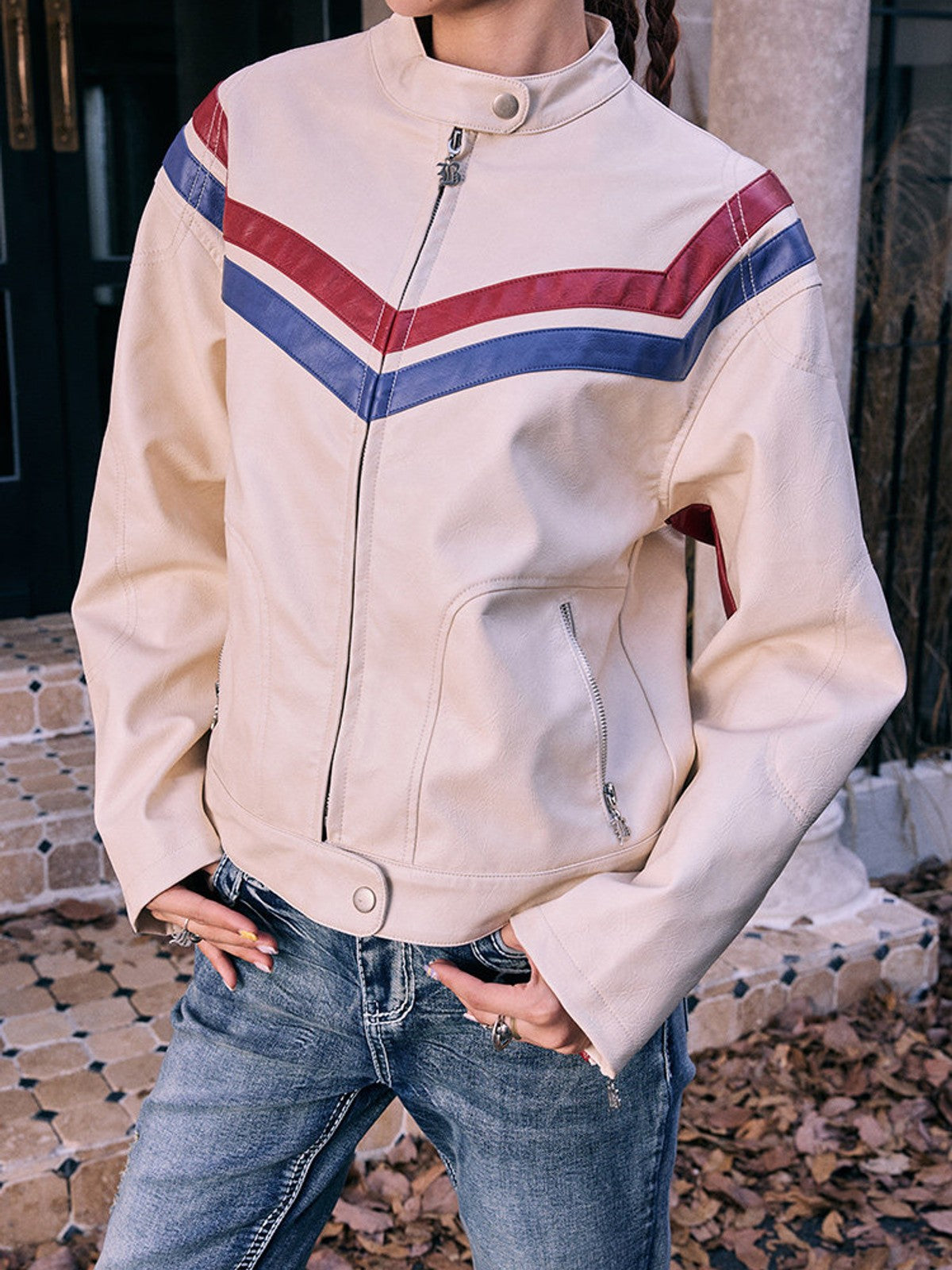 BEERBRO Contrast Stripe Leather Jacket in Cream - On Female Model