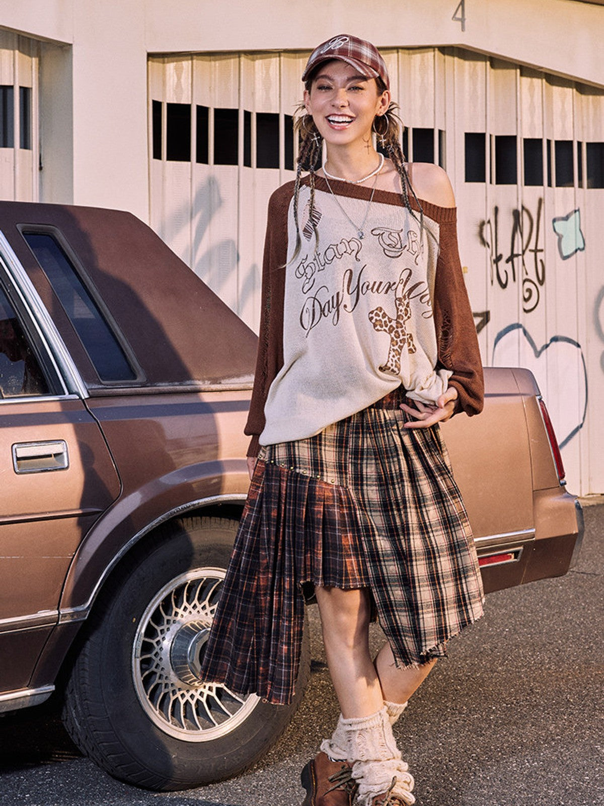 BEERBRO Distressed Graphic Off Shoulder Sweater in White - On Female Model
