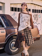 BEERBRO Distressed Graphic Off Shoulder Sweater in White - On Female Model