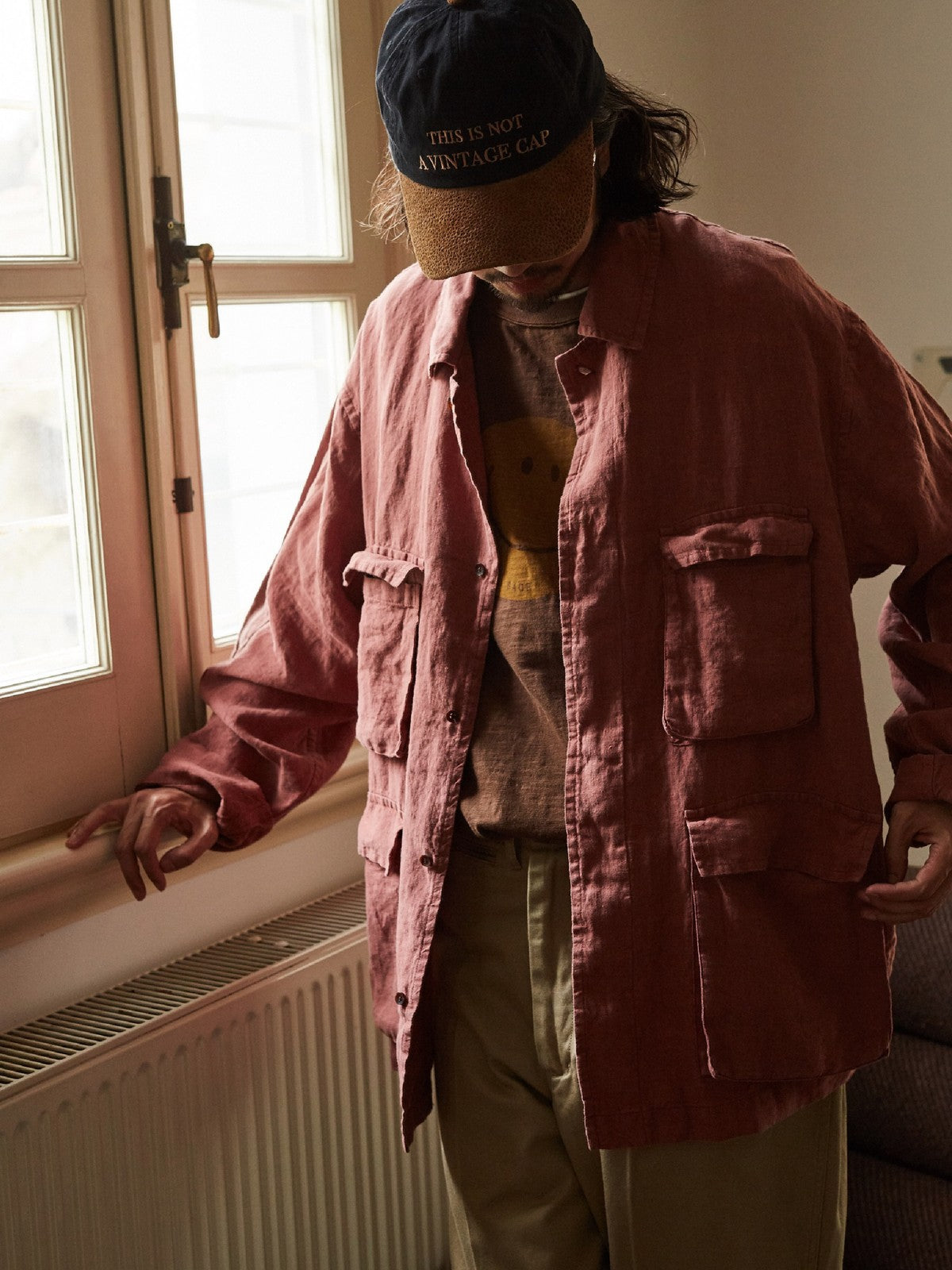 USAGE Linen Four Pocket BDU Jacket in Pink - On Male Model