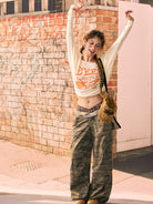 BEERBRO Camo Wide Leg Cargo Pants in Olive - On Female Model