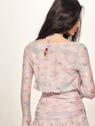 BEERBRO Shell Print Mesh Tie Front Top in Pink - On Female Model