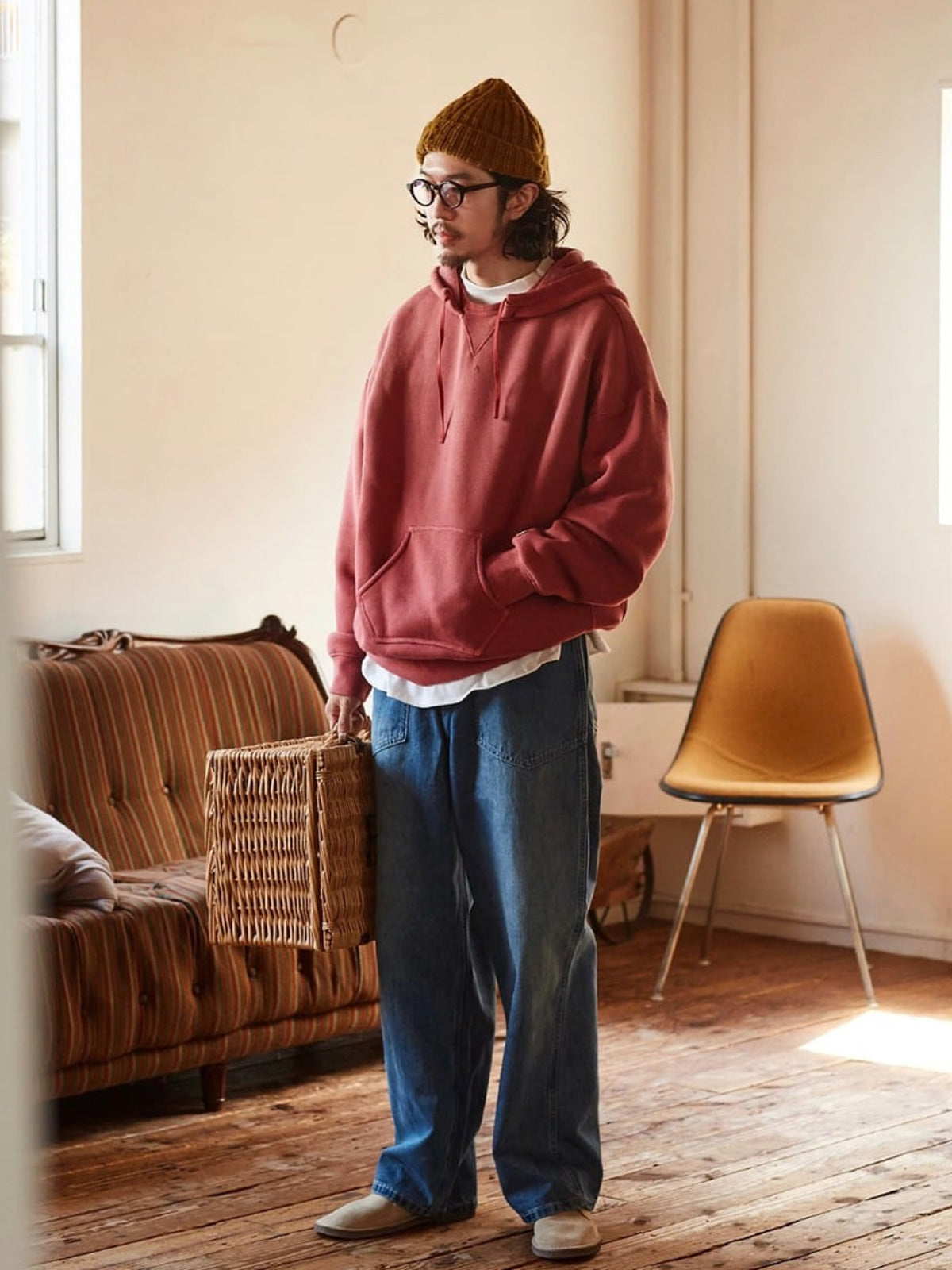 USAGE Faded Vintage Wash Hoodie in Red - On Male Model