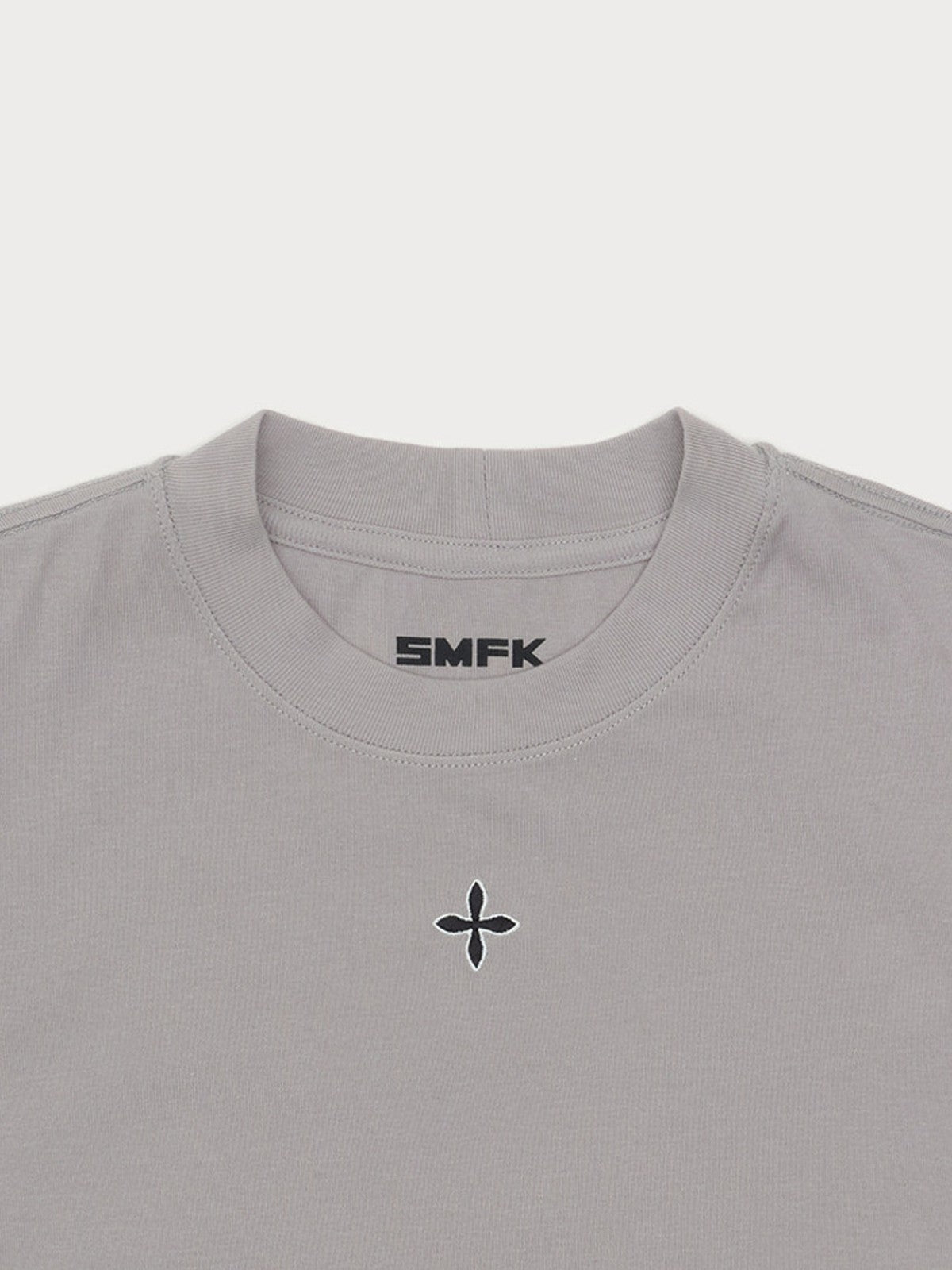 SMFK Embroidered Cross Crewneck Tee in Gray - Detail