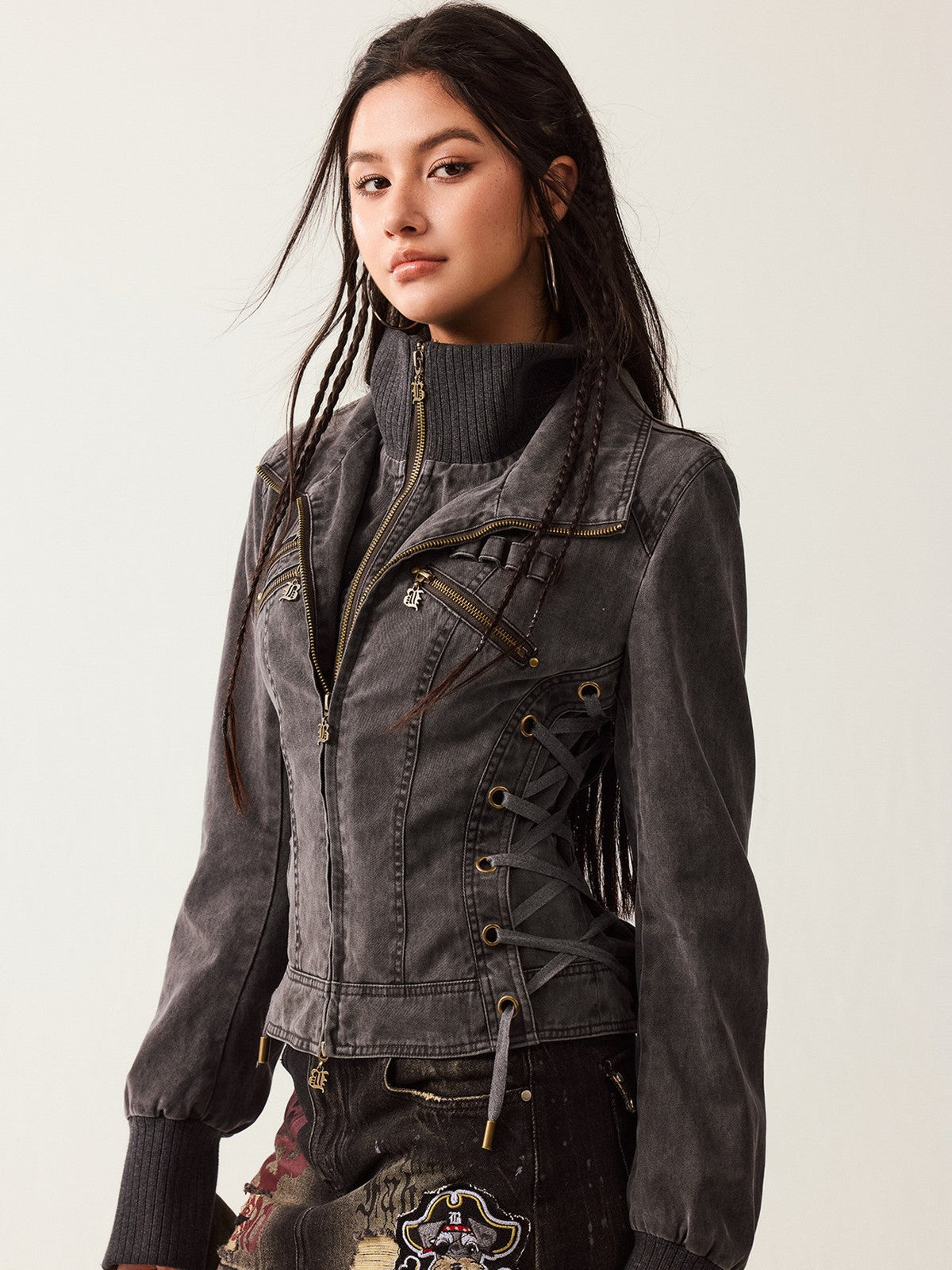 BEERBRO Mock Layer Cotton Biker Jacket in Gray - On Female Model