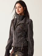 BEERBRO Mock Layer Cotton Biker Jacket in Gray - On Female Model