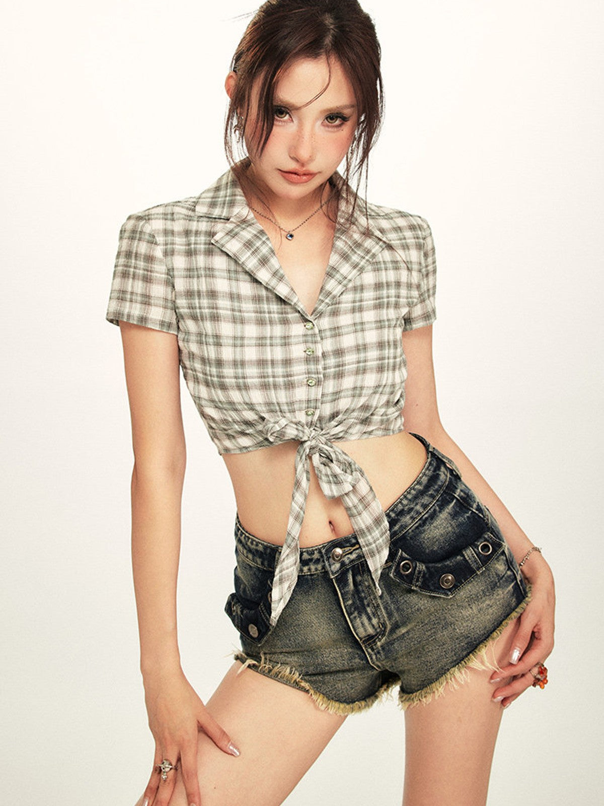 BEERBRO Plaid Cross Front Crop Shirt in Mint - On Female Model