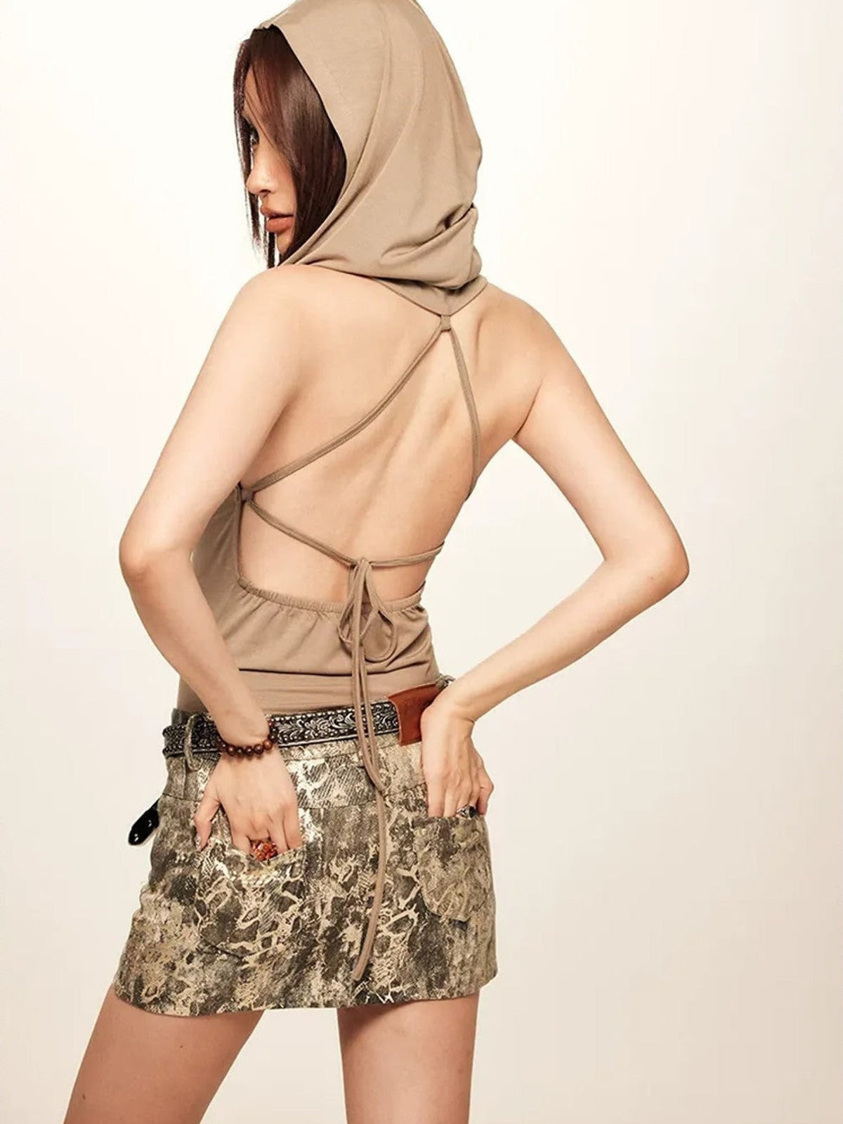 BeerBro Gold Foil Snake Print Mini Skirt in Gold - On Female Model