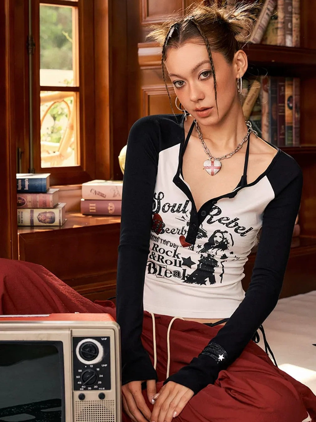BeerBro Contrast Stripe Cargo Pants in Red - On Female Model