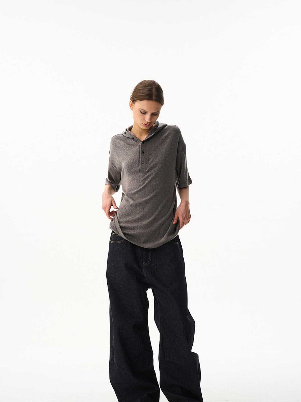 BLINDNOPLAN Hooded Short Sleeve Polo in Gray - On Female Model
