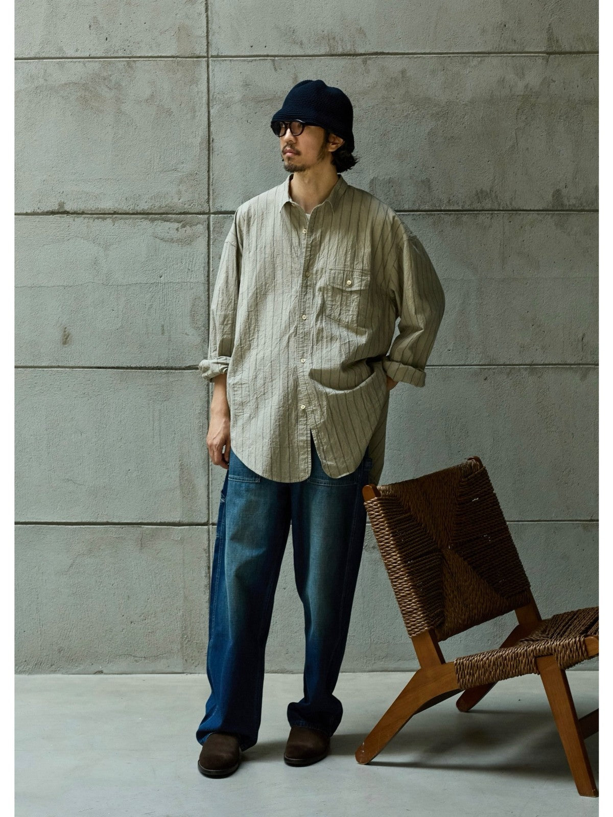 USAGE Crinkled Cotton Striped Button Down in Beige - On Male Model