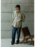 USAGE Crinkled Cotton Striped Button Down in Beige - On Male Model
