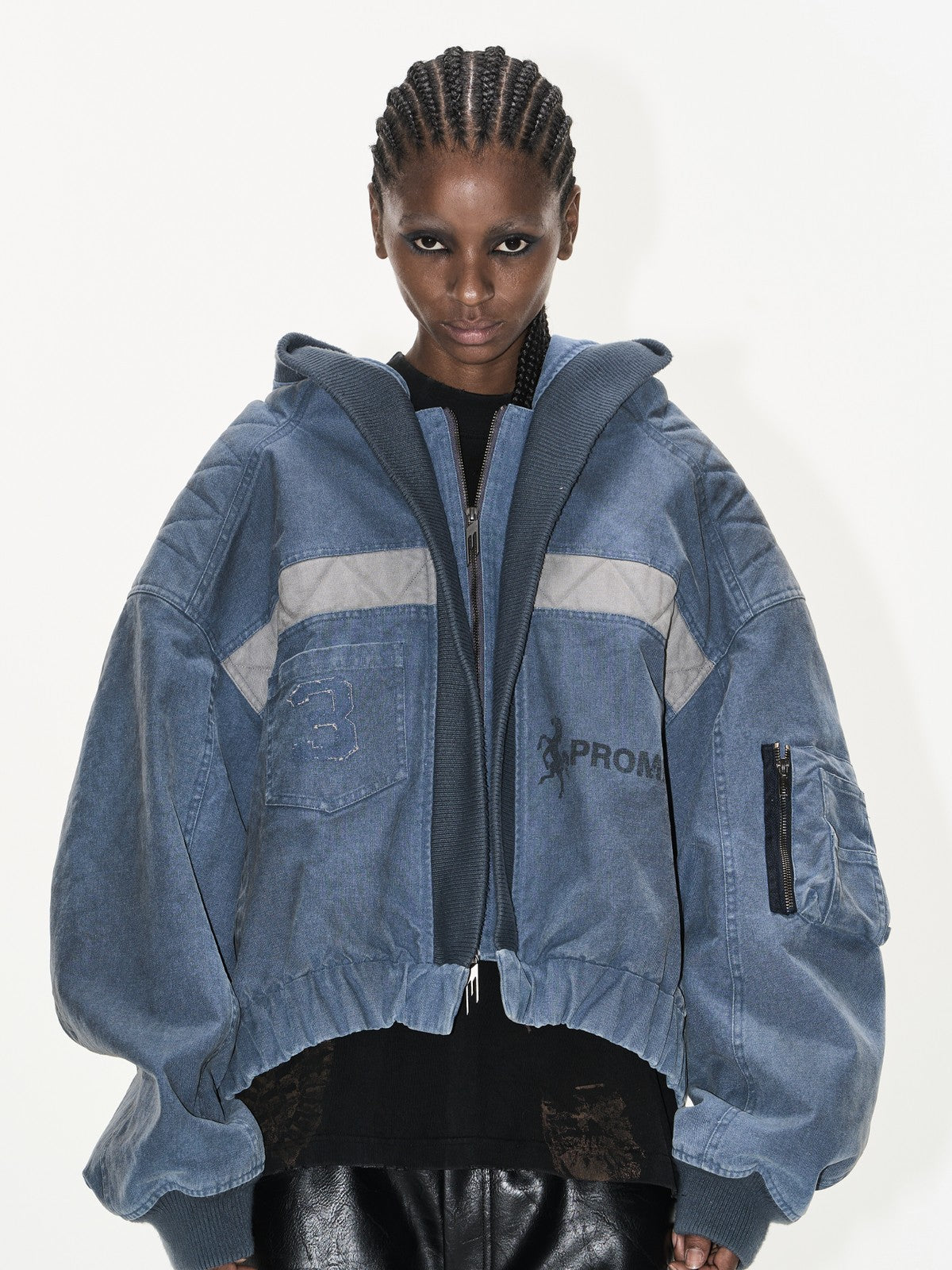 BLINDNOPLAN Distressed Hooded MA 1 Bomber Jacket in Blue - On Female Model