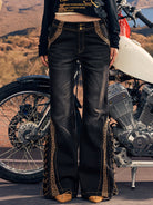 BEERBRO Leopard Panel Lace Up Flare Jeans in Denim - On Female Model