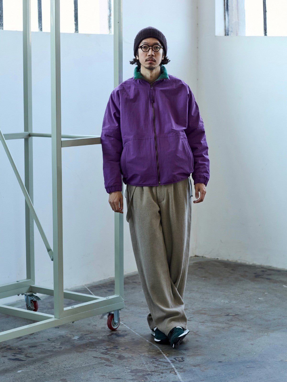 USAGE Reversible Nylon Fleece Track Jacket in Purple - On Male Model
