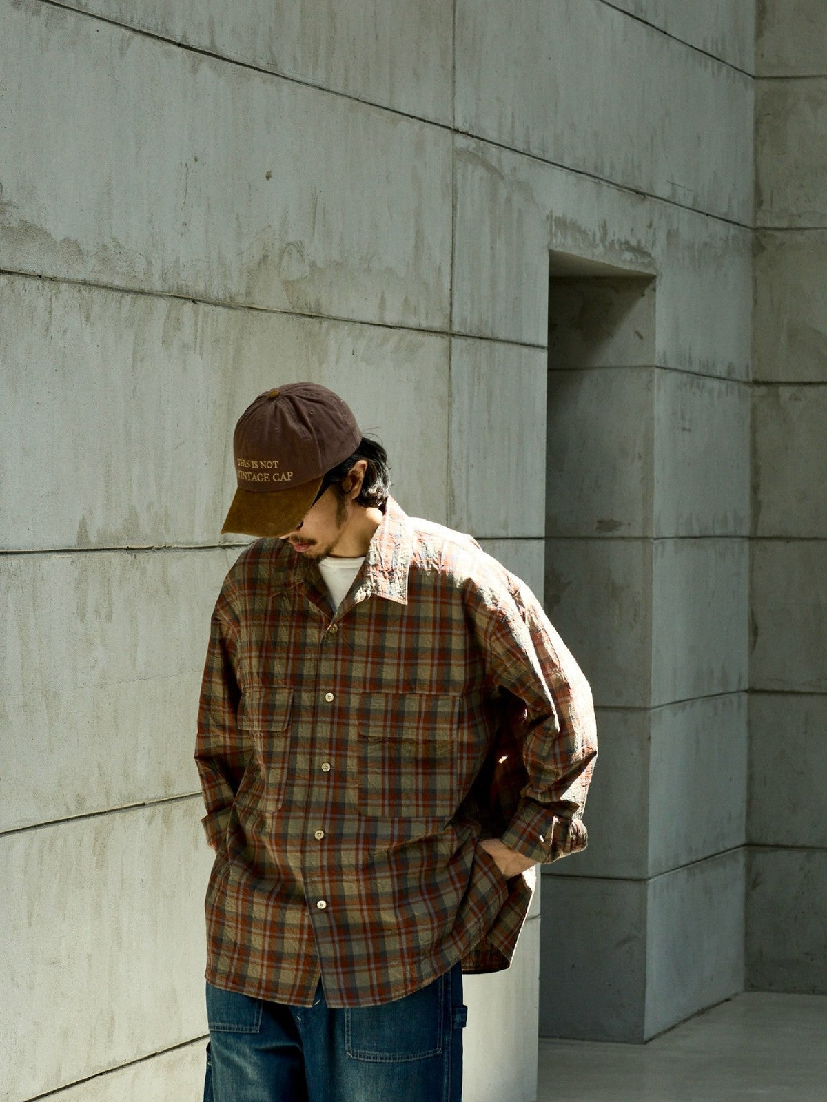 USAGE Washed Crinkle Plaid Open Collar Shirt in Orange - On Male Model