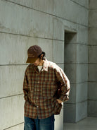 USAGE Washed Crinkle Plaid Open Collar Shirt in Orange - On Male Model