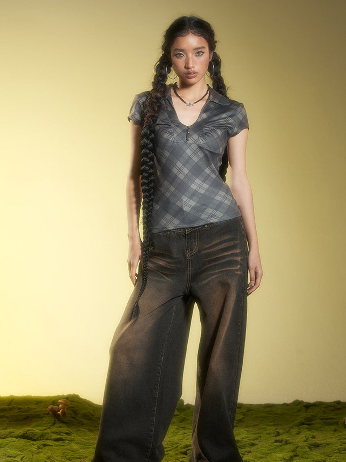 BEERBRO Plaid V Neck Collared Top in Gray - On Female Model