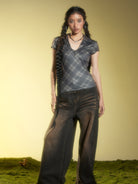 BEERBRO Plaid V Neck Collared Top in Gray - On Female Model
