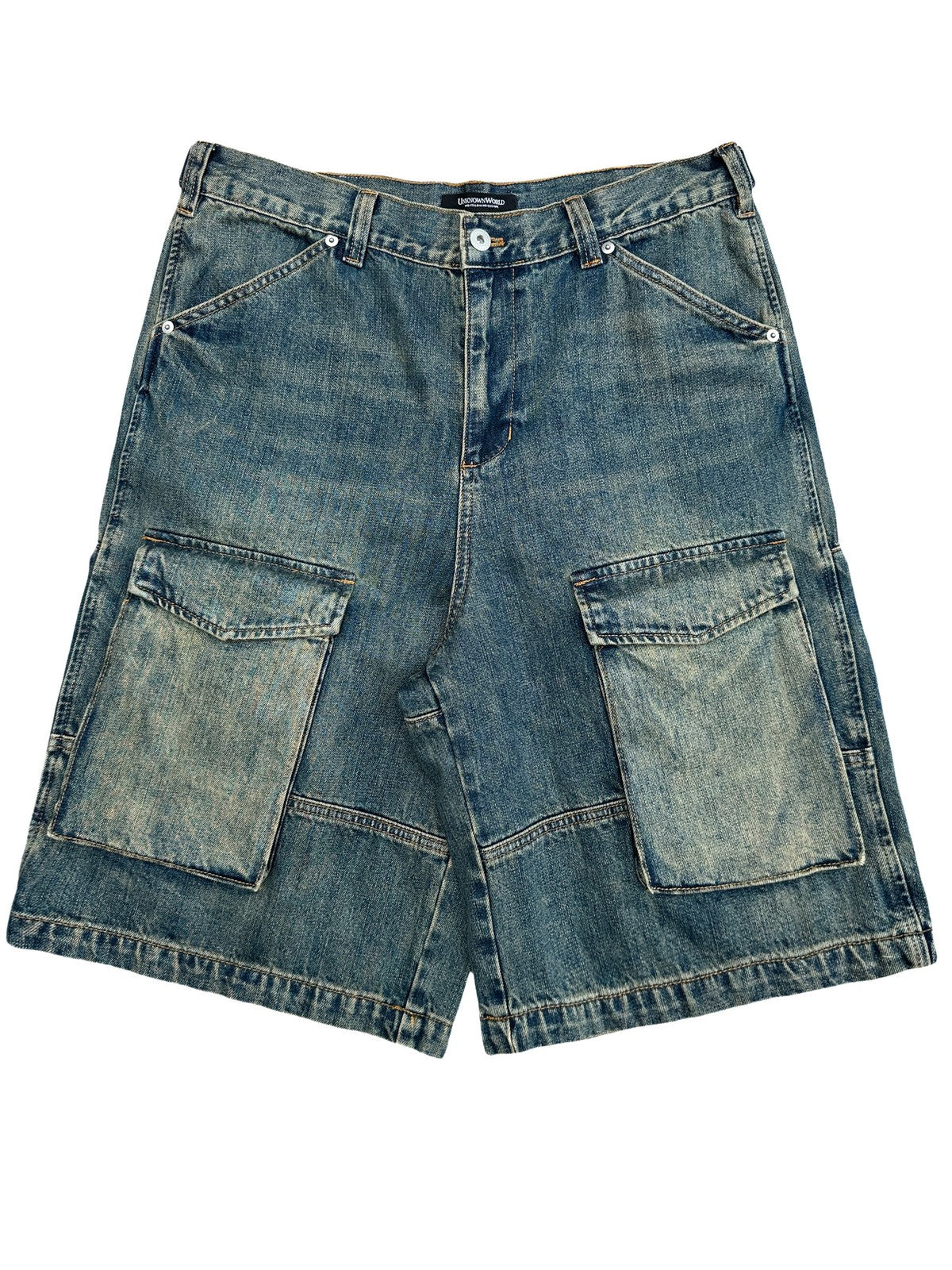 UNKNOWNWORLD Mud Dyed Multi Pocket Denim Shorts in Blue