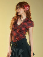 BEERBRO Plaid V Neck Collared Top in Burgundy - On Female Model