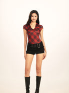 BEERBRO Plaid V Neck Collared Top in Burgundy - On Female Model
