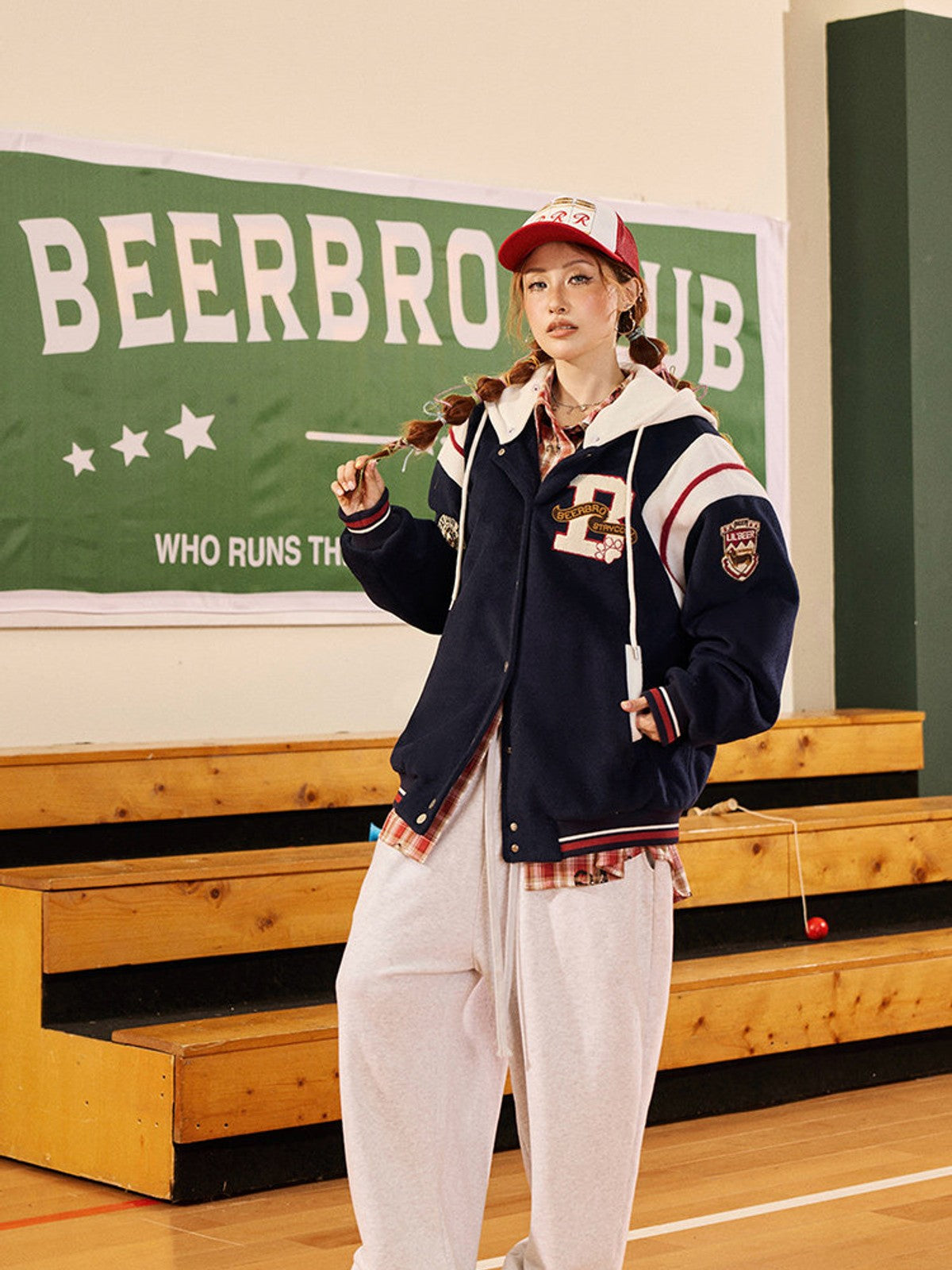BEERBRO Detachable Hood Varsity Jacket in Navy Blue - On Female Model