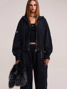 SMFK Garment Dyed Cotton Zip Up Hoodie in Black - On Female Model
