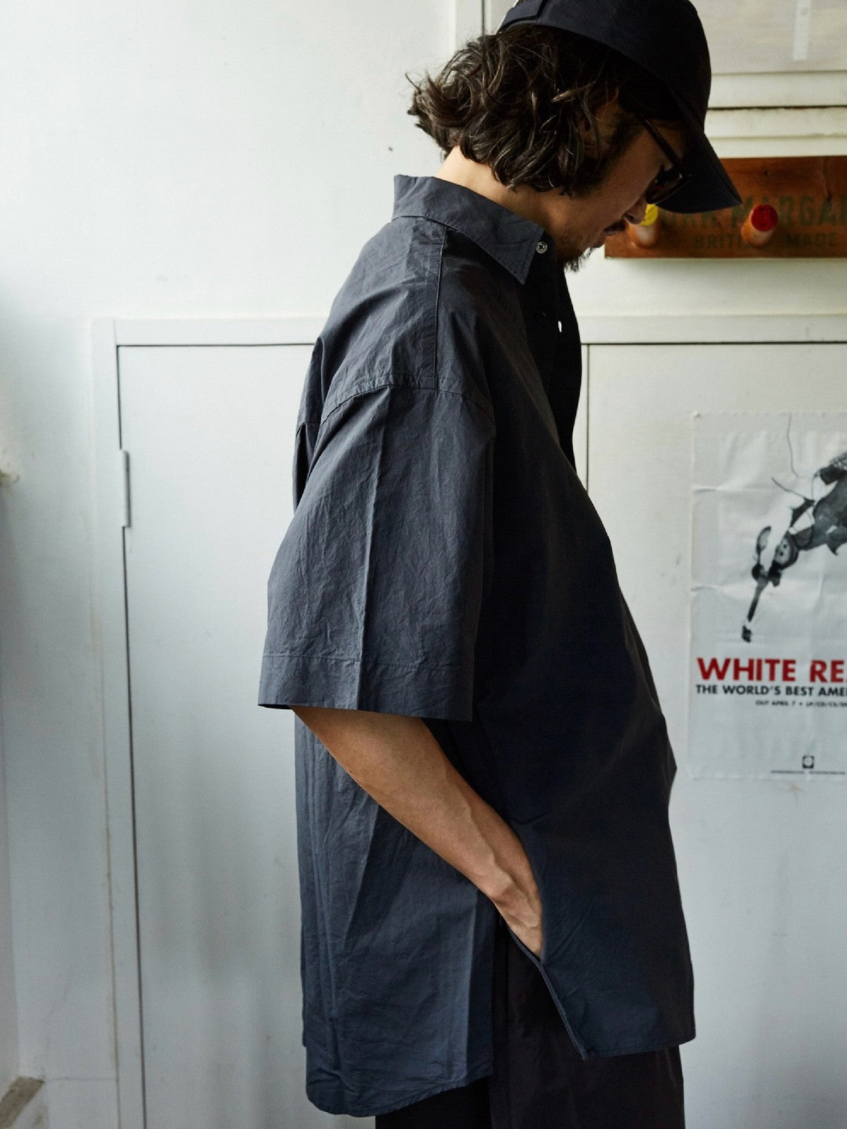 USAGE Cotton Crinkle Short Sleeve Shirt in Navy Blue - On Male Model